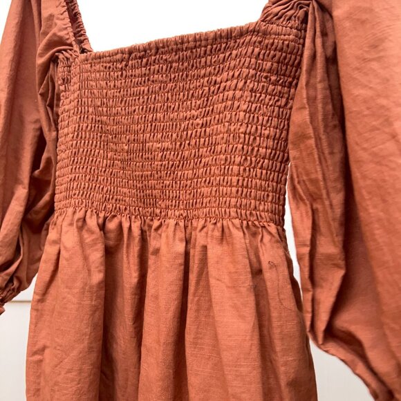 Kourt Portia Rust Smocked Mini Dress Puff Sleeve Square Neck Linen Blend Size S - Picture 7 of 11